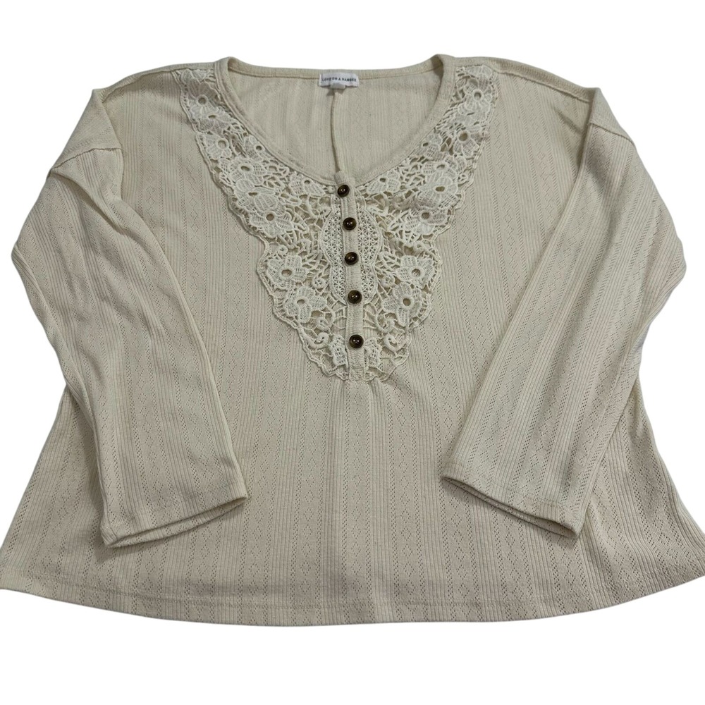Pointelle cream long sleeve Knit Top w/ Lace V-Neck & Button Accents sz Small